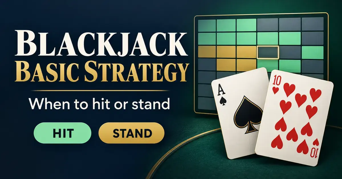 Blackjack basic strategy graphic featuring playing cards, a colour-coded grid, and hit and stand labels on a navy and emerald background.