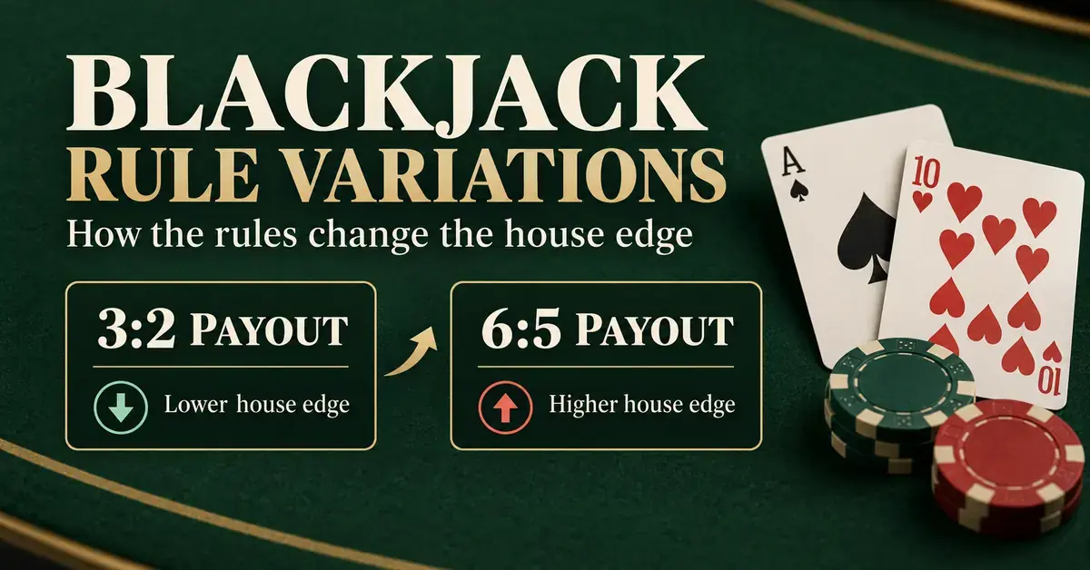 A blackjack rule comparison graphic shows a lower house edge for 3:2 payouts and a higher house edge for 6:5 payouts beside playing cards and casino chips.