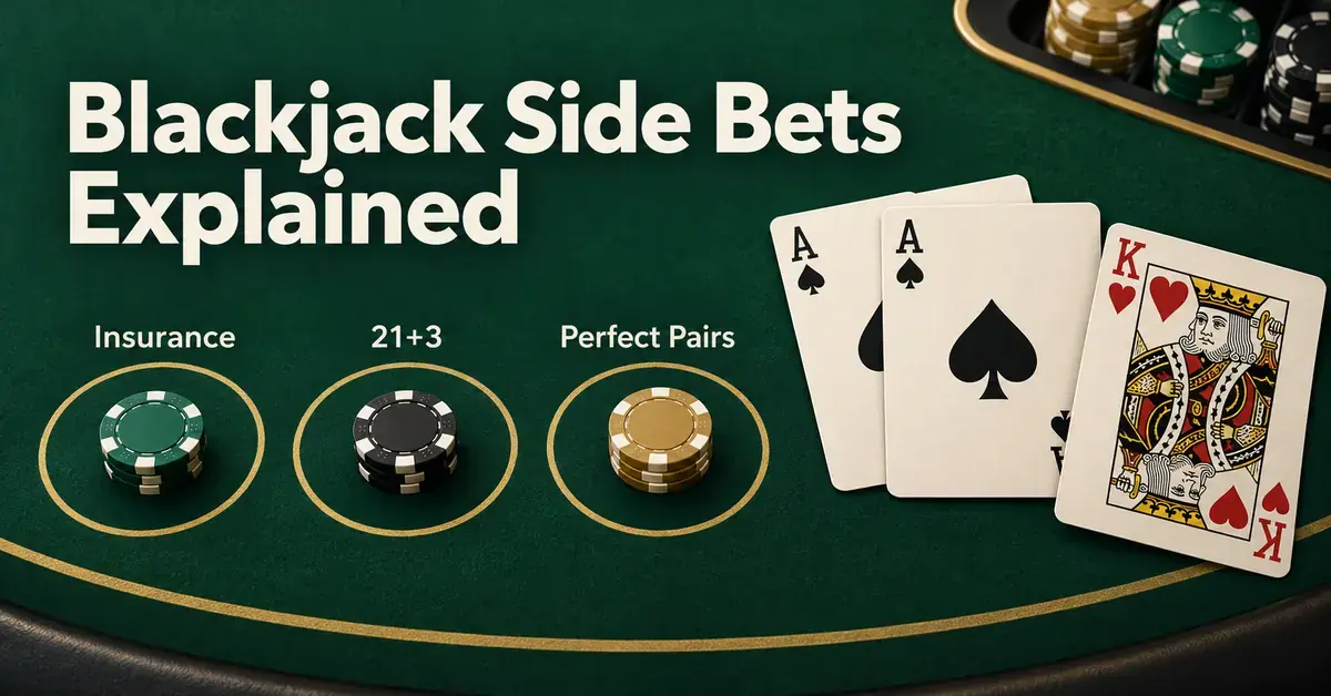 Blackjack Side Bets Explained graphic with playing cards and chips in betting circles labelled Insurance, 21+3 and Perfect Pairs on a green table.