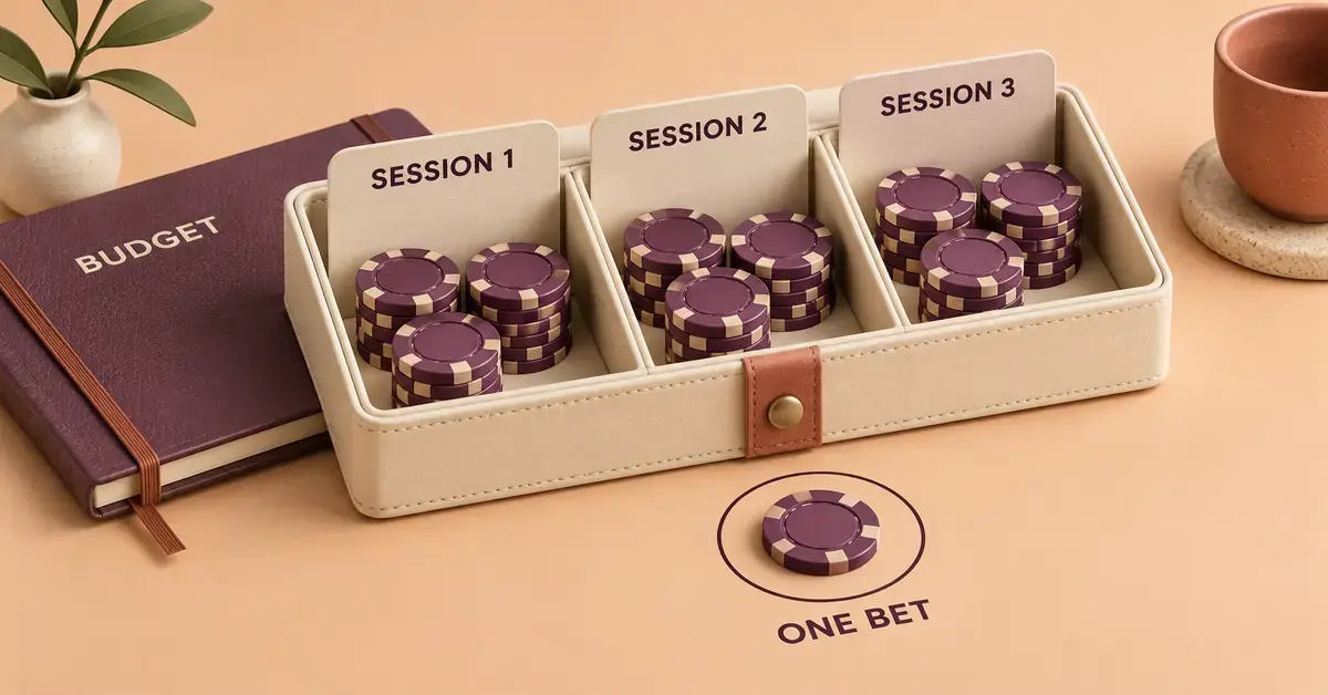 Casino chips divided into three labelled session compartments beside a budget notebook, with one chip set aside for a single bet.