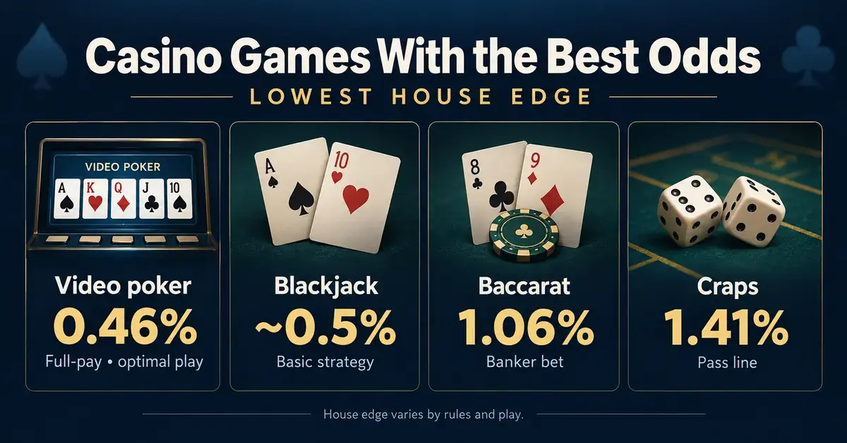Comparison graphic showing house edges for full-pay video poker at 0.46%, blackjack at approximately 0.5%, baccarat’s banker bet at 1.06%, and craps’ pass line at 1.41%.