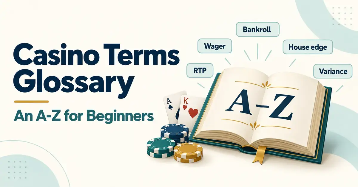 Casino terms glossary graphic featuring an A–Z book, playing cards, casino chips and labels for bankroll, wager, house edge, RTP and variance.
