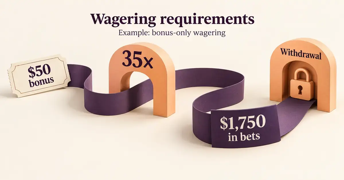 A looping ribbon connects a $50 bonus to a 35× wagering requirement and $1,750 in total bets before a locked withdrawal gate.