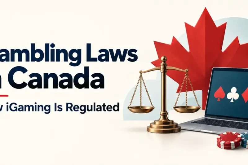 Graphic titled “Gambling Laws in Canada: How iGaming Is Regulated” with a red maple leaf, scales of justice, a laptop displaying playing-card suits, and casino chips.