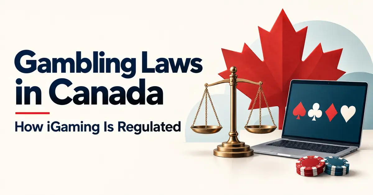 Graphic titled “Gambling Laws in Canada: How iGaming Is Regulated” with a red maple leaf, scales of justice, a laptop displaying playing-card suits, and casino chips.