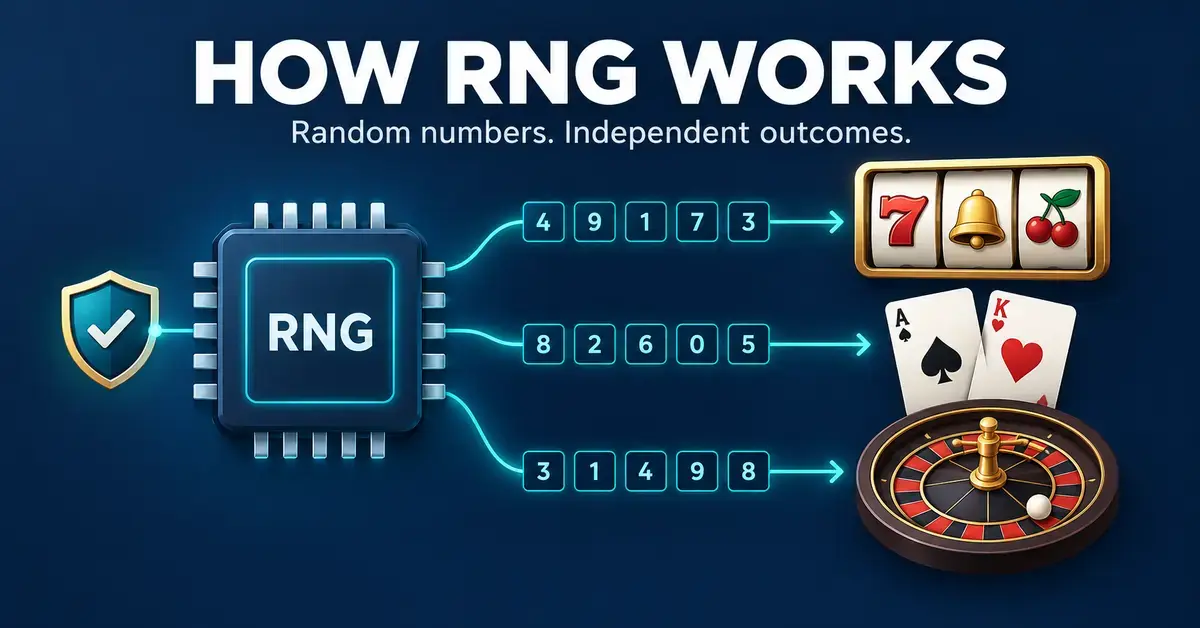 Illustration of an RNG processor mapping random numbers to slot symbols, playing cards and a roulette wheel, with a shield representing independent testing.