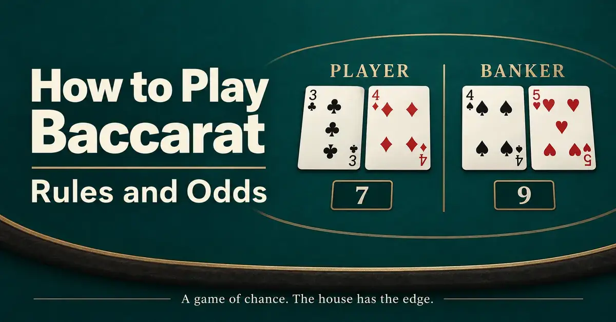 Baccarat rules and odds graphic showing a Player hand totalling 7 and a Banker hand totalling 9, with a reminder that the house has the edge.