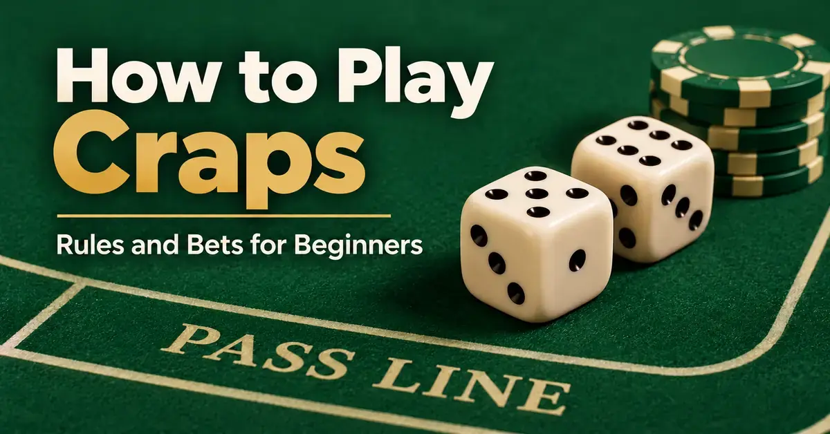 Two ivory dice and a stack of casino chips on a green craps table beside the title “How to Play Craps: Rules and Bets for Beginners”.