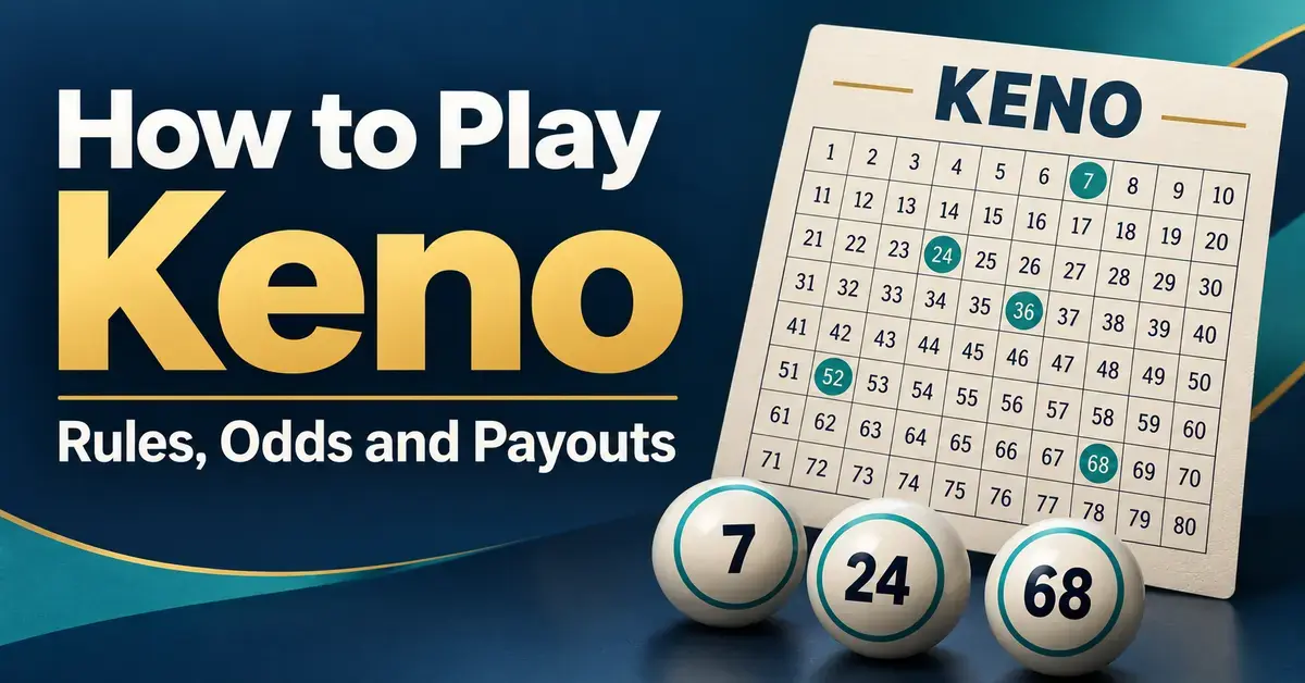 A marked keno ticket and draw balls numbered 7, 24 and 68 beside the title “How to Play Keno: Rules, Odds and Payouts”.