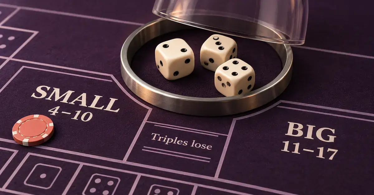 Three dice showing two, three and four are revealed on a Sic Bo table beside Small and Big betting areas and a reminder that triples lose.