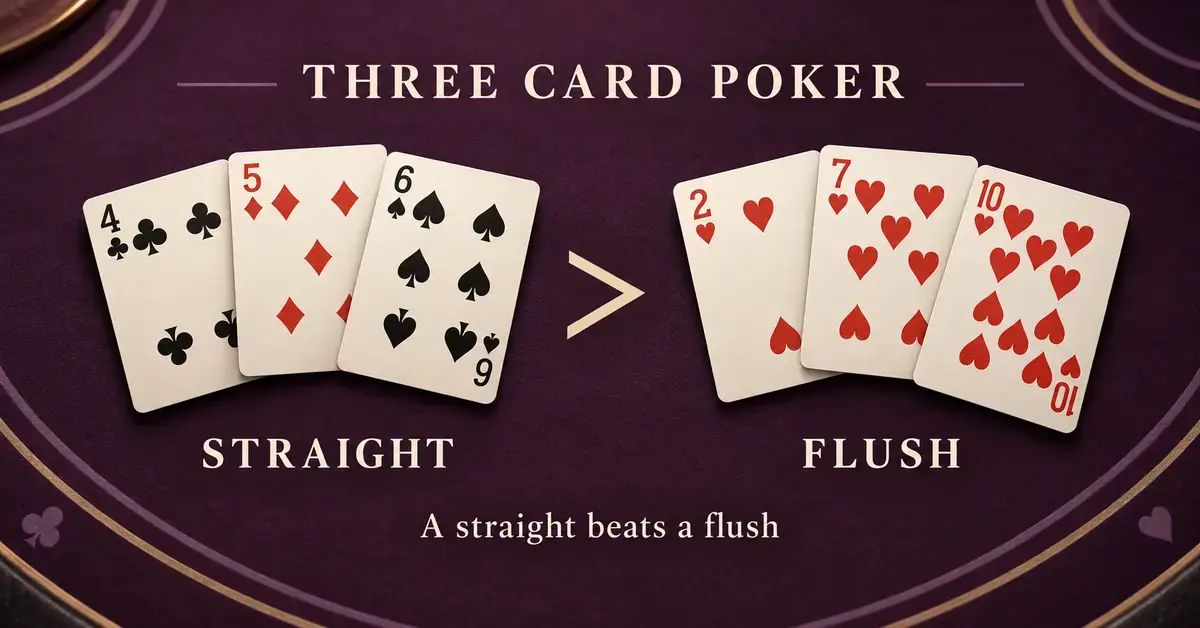 A three-card straight of four, five and six outranks a heart flush, illustrating that a straight beats a flush in Three Card Poker.
