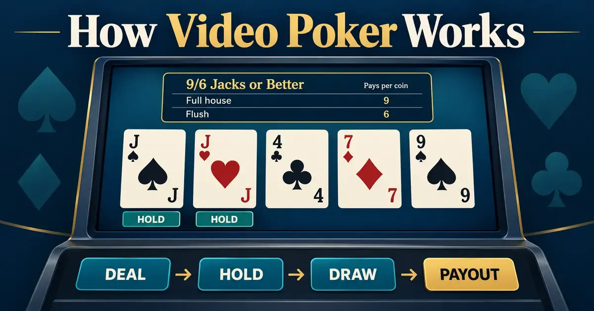 Video poker screen showing five cards with a pair of jacks held, sample 9/6 Jacks or Better payouts, and the deal, hold, draw and payout steps.
