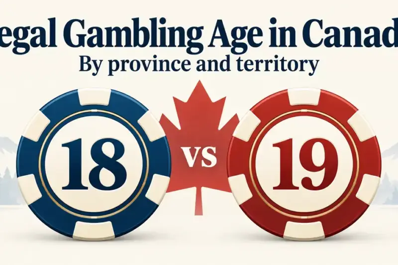 Blue and red casino chips marked 18 and 19 flank a Canadian maple leaf beneath the heading Legal Gambling Age in Canada, with a subtitle reading By province and territory.
