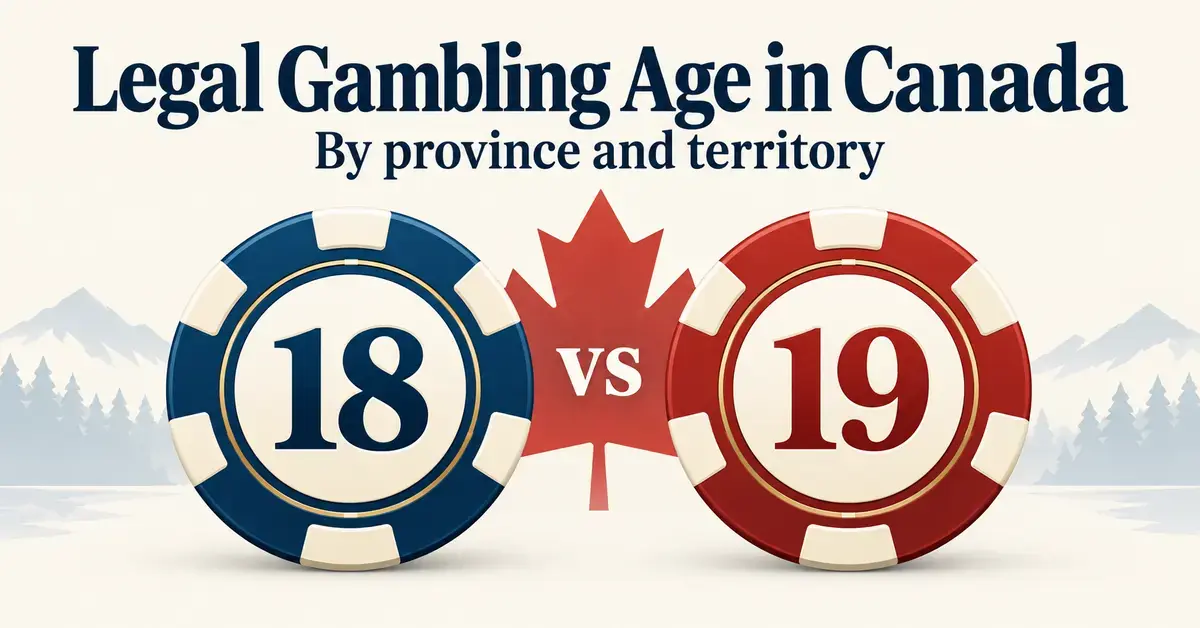 Blue and red casino chips marked 18 and 19 flank a Canadian maple leaf beneath the heading Legal Gambling Age in Canada, with a subtitle reading By province and territory.