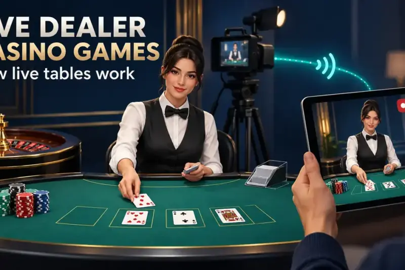 Illustration of a live casino dealer dealing cards at a studio table, with a camera streaming the game to a tablet beside the headline “Live Dealer Casino Games: How live tables work”.