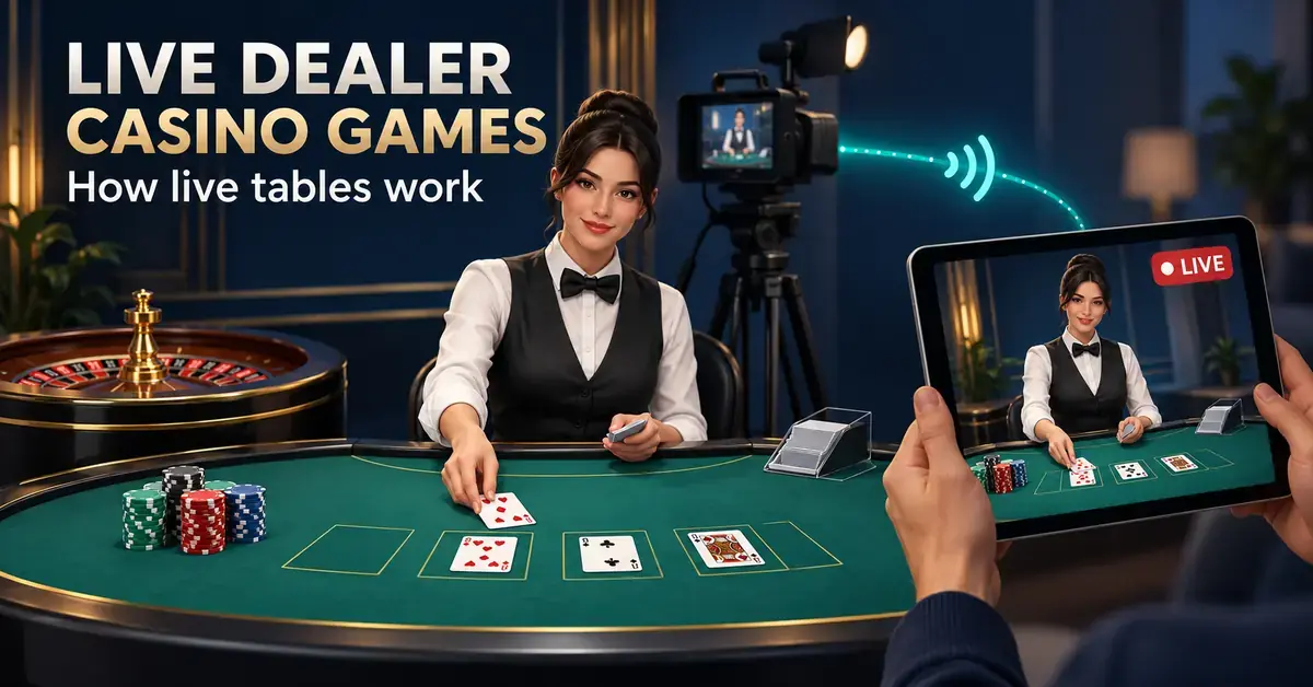 Illustration of a live casino dealer dealing cards at a studio table, with a camera streaming the game to a tablet beside the headline “Live Dealer Casino Games: How live tables work”.