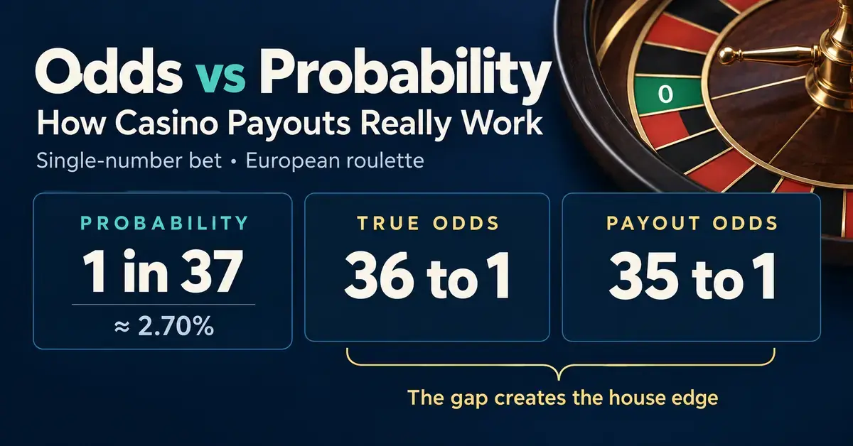 Roulette graphic comparing a single-number bet’s probability of 1 in 37 (2.70%), true odds of 36 to 1, and payout odds of 35 to 1, with the gap creating the house edge.