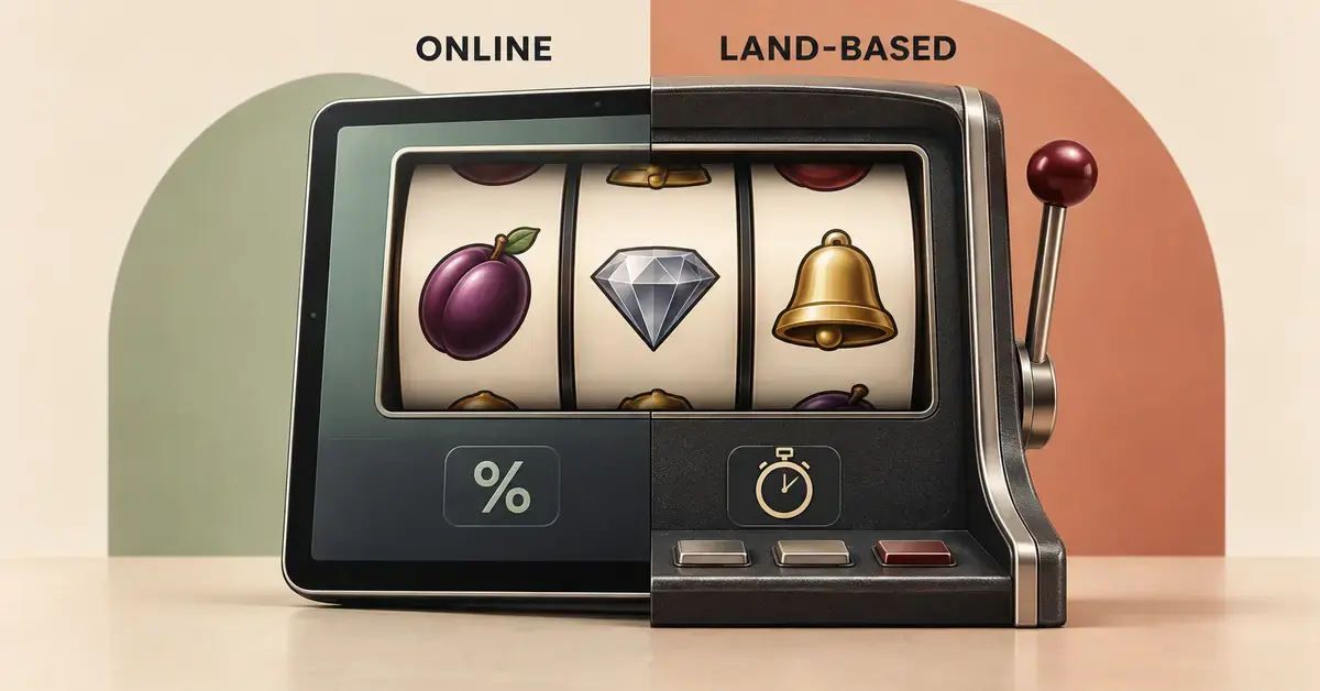 A tablet and a land-based slot machine share a continuous reel display, with percentage and stopwatch symbols representing RTP and spin speed.
