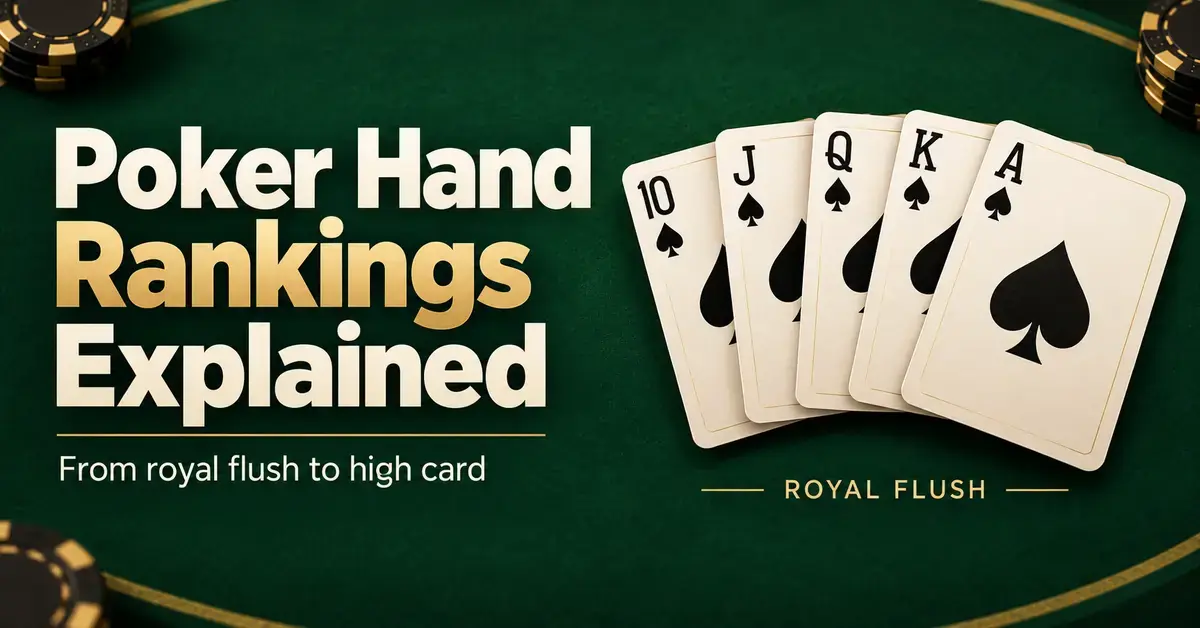 Five spade cards forming a royal flush beside the title “Poker Hand Rankings Explained” on a dark green poker table.