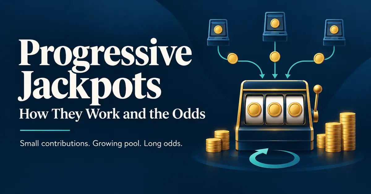Illustration of linked slot machines contributing coins to a progressive jackpot, with growing coin stacks and a circular arrow representing the pool resetting after a win.