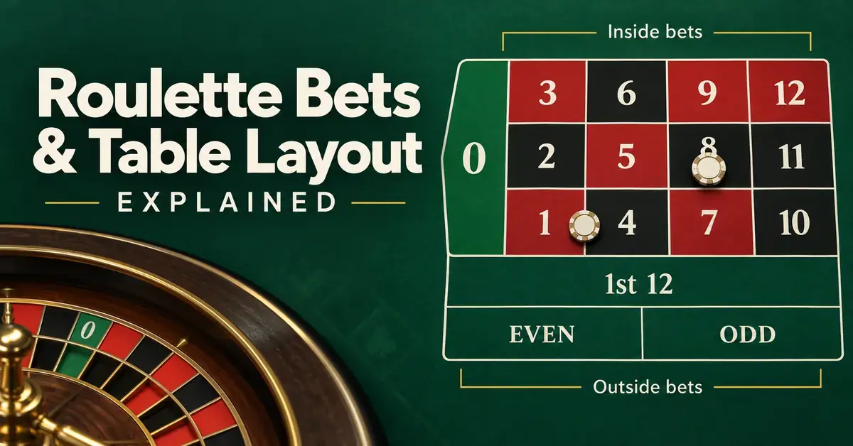 Roulette wheel beside a simplified betting layout with chips marking inside bets and labelled outside betting areas.