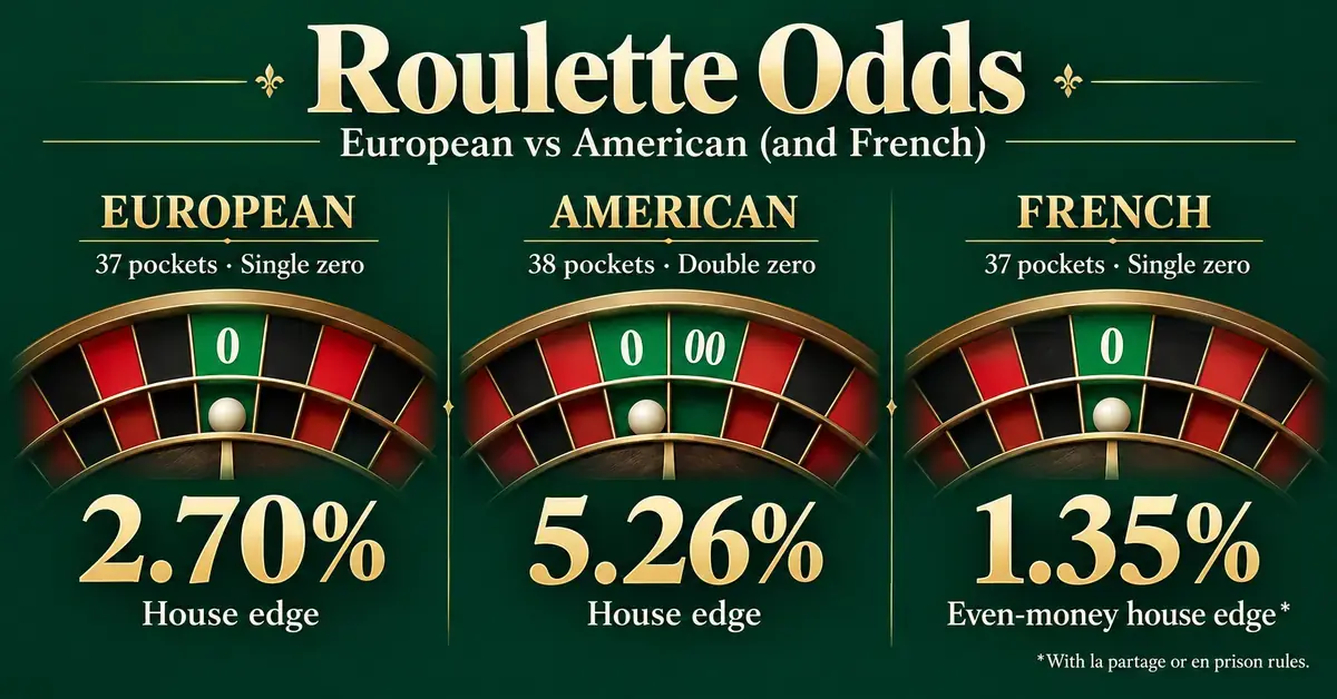 Comparison of European, American and French roulette, showing house edges of 2.70%, 5.26% and 1.35%, respectively, with the French rate applying to even-money bets under la partage or en prison rules.