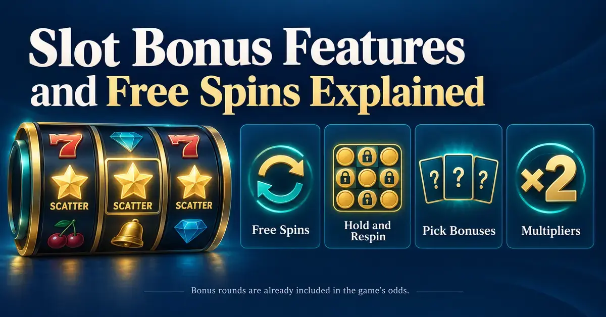Slot reels with scatter symbols beside icons for free spins, hold and respin, pick bonuses and multipliers, with a reminder that bonus rounds are included in the game’s odds.
