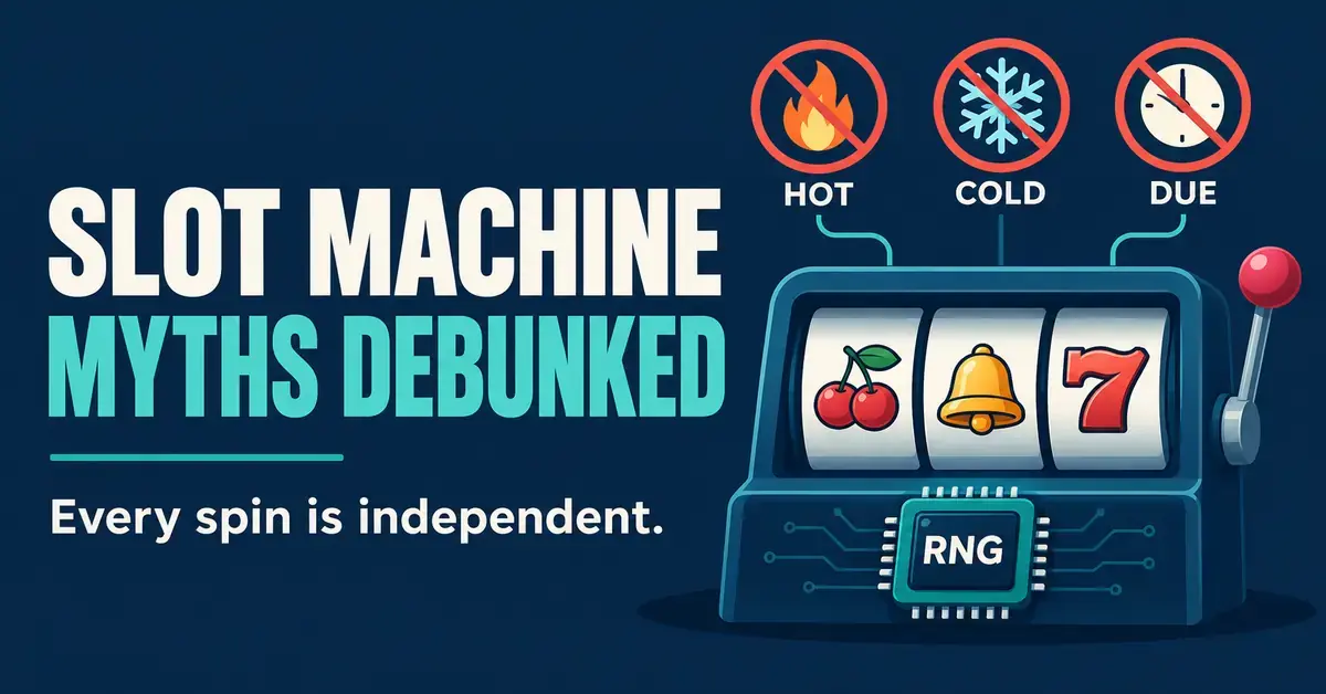 A slot machine with an RNG chip and crossed-out hot, cold and due symbols illustrates that every spin is independent.