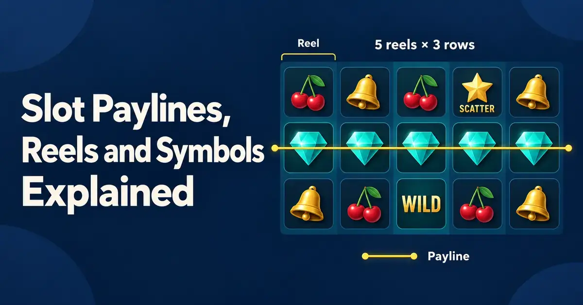 Illustration of a five-reel, three-row slot grid with a highlighted payline across matching gems and labelled wild and scatter symbols.
