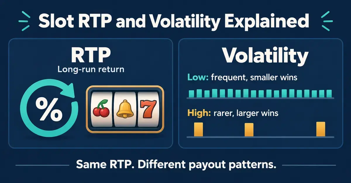 Infographic explaining slot RTP as long-run return and comparing low volatility’s frequent, smaller wins with high volatility’s rarer, larger wins.