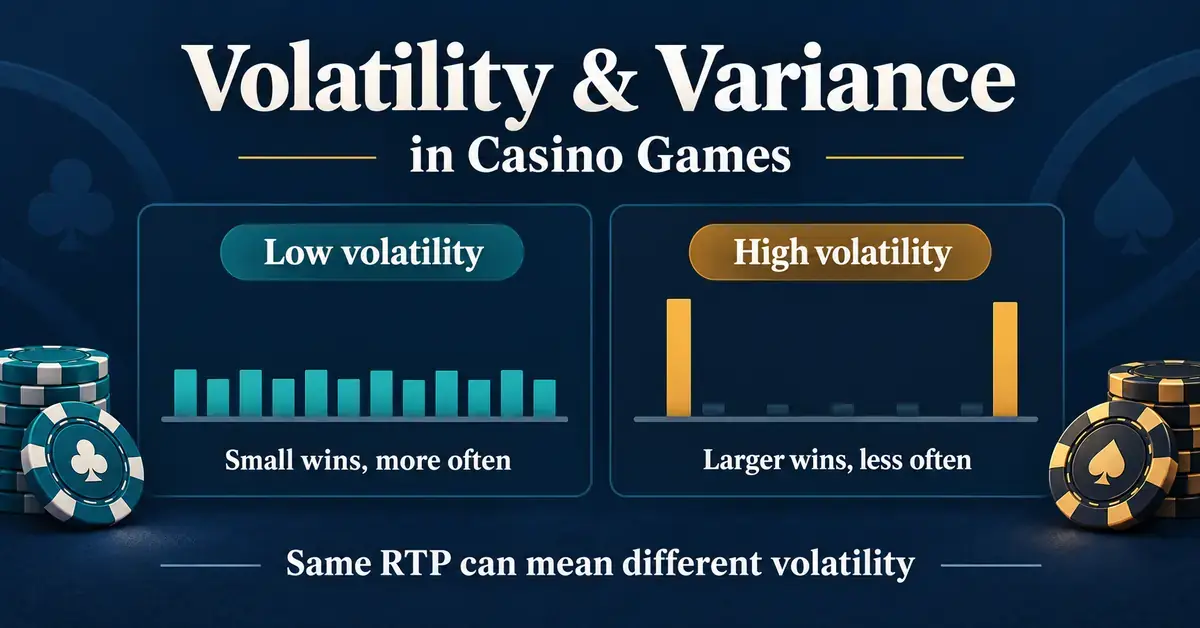 Comparison of frequent small wins in low-volatility casino games and less frequent larger wins in high-volatility games, noting that the same RTP can mean different volatility.