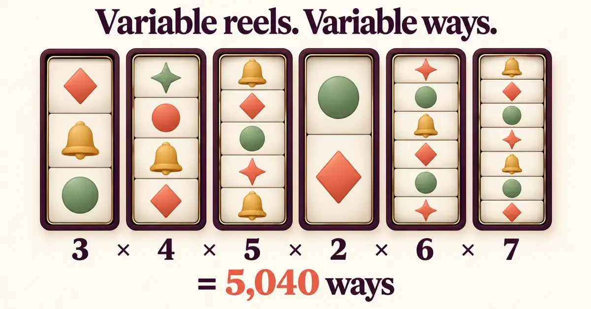Six slot reels containing 3, 4, 5, 2, 6 and 7 symbols illustrate how multiplying the symbol counts produces 5,040 ways in a Megaways slot.