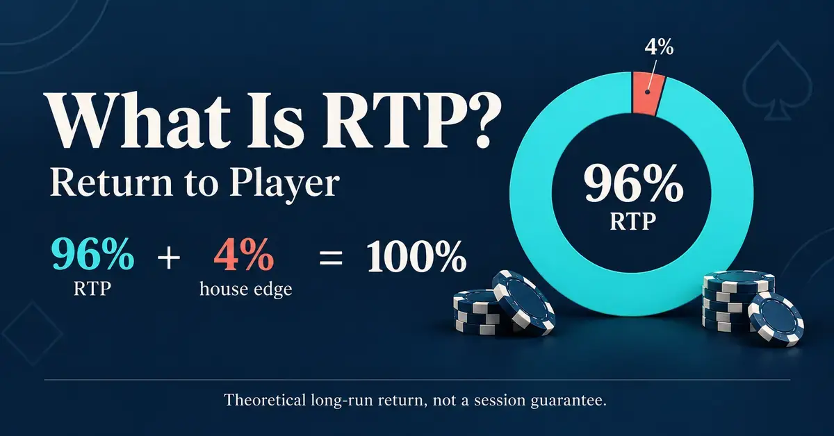 RTP infographic showing a 96% return to player and 4% house edge, with a reminder that theoretical long-run returns do not guarantee session results.